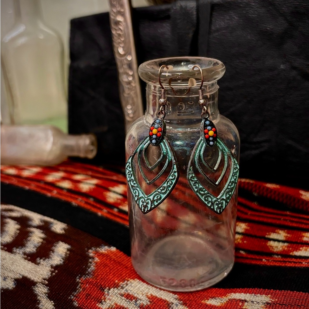 ⚙️3For$30⚙️ [NEW] Boho Western Turquoise Patina Graduated Diamond Beaded Earring